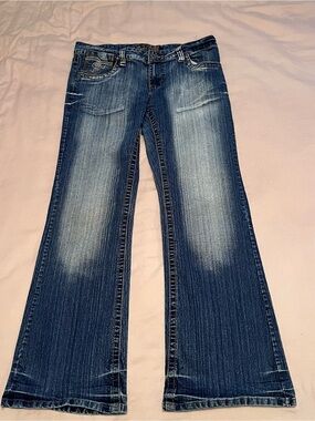 Side Street Woman’s Y2K Low Rise Wide-Leg Flare Jeans with Fading & Embroidery